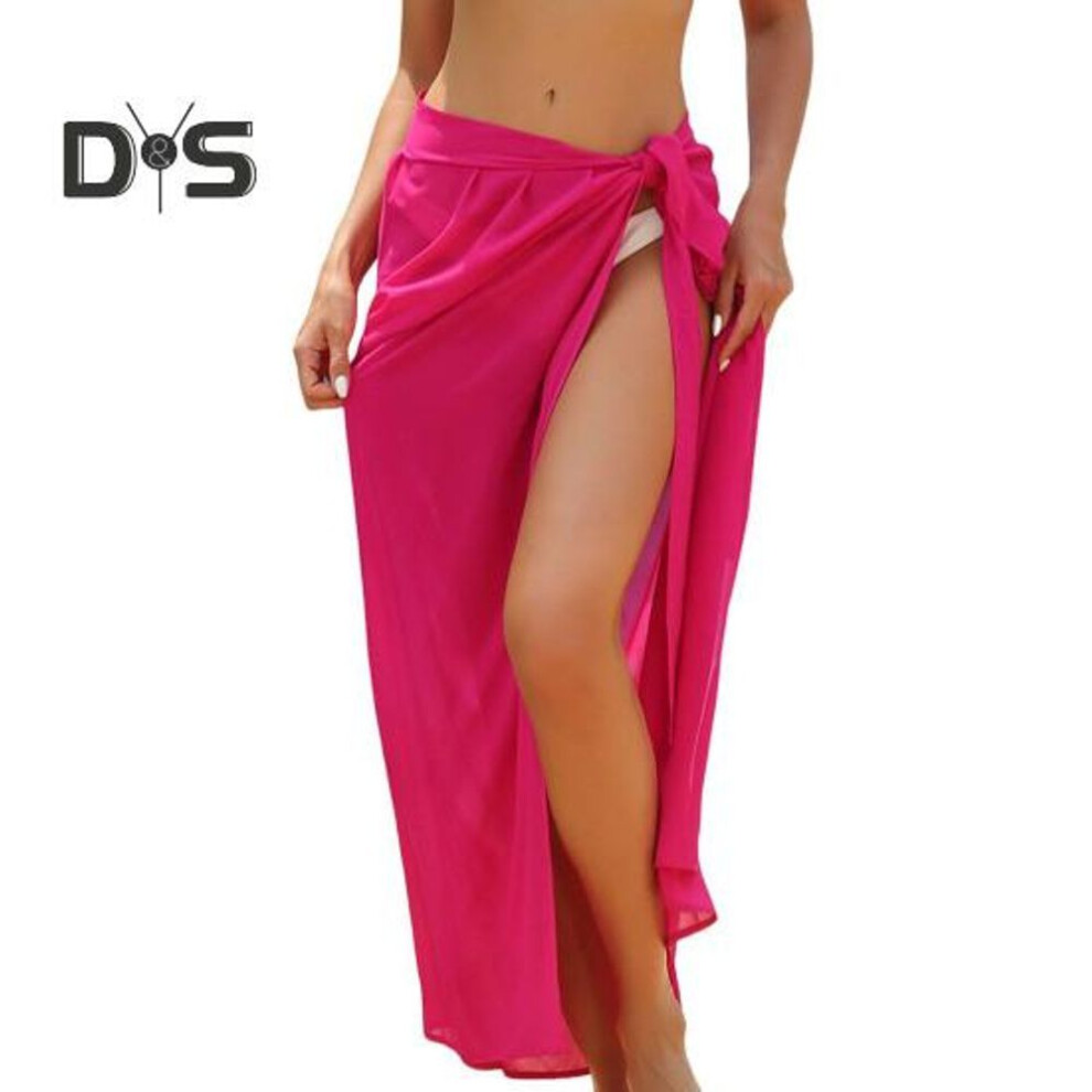 (rose red) Women Beach Skirt Lace-up Solid Color See-through Thin Quick-drying Flowy Skirt Sun Protection Bikini Cover Up
