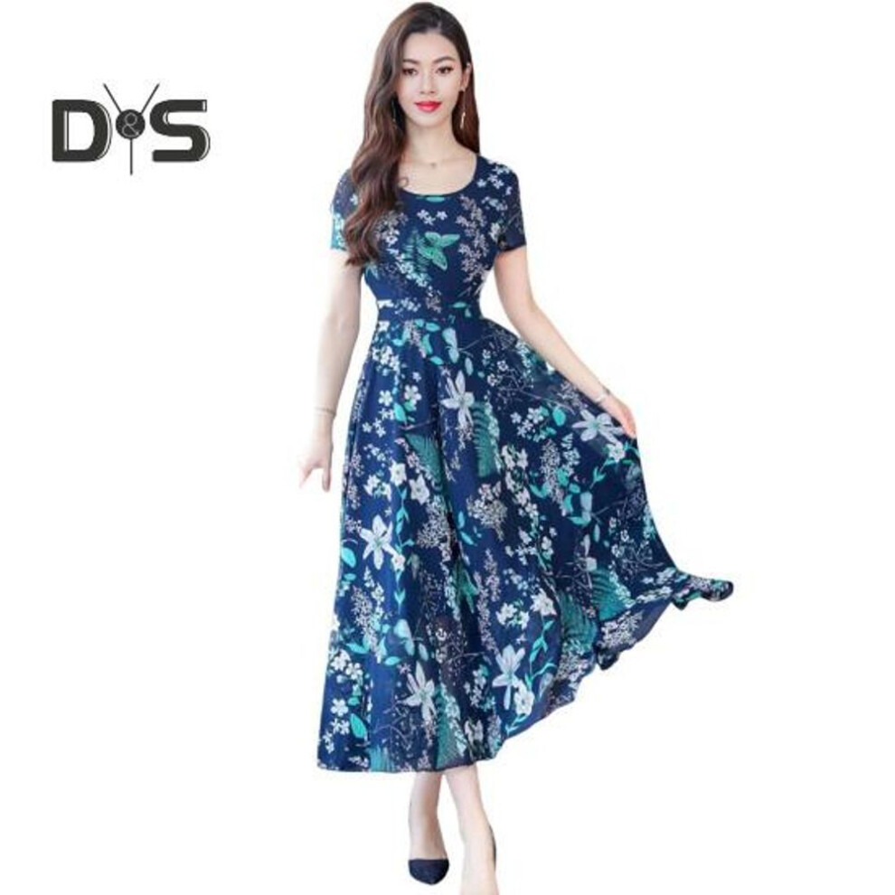 (blue, XL) Women's Floral Print Summer Dress Mid-calf Beach Dress With Tight Waist Short Sleeve Round Neck A-line Dress For Vacation Party Date