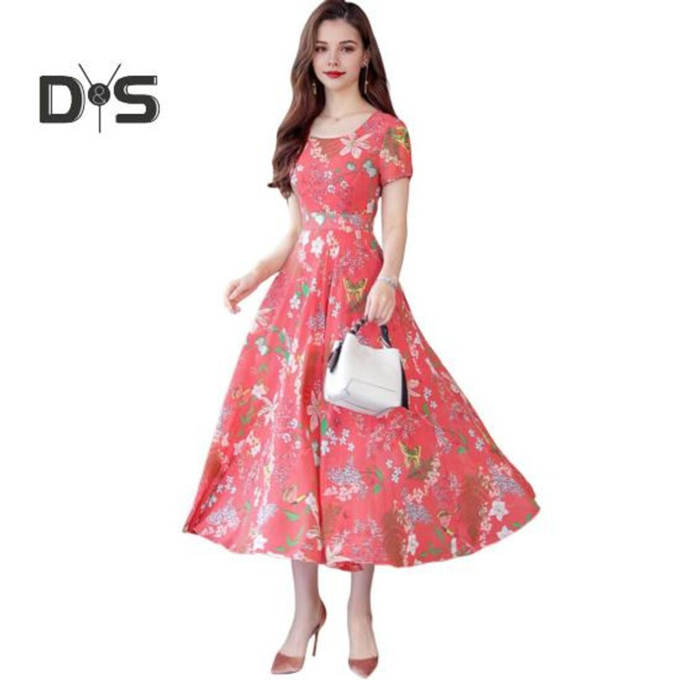 (red, XL) Women's Floral Print Summer Dress Mid-calf Beach Dress With Tight Waist Short Sleeve Round Neck A-line Dress For Vacation Party Date