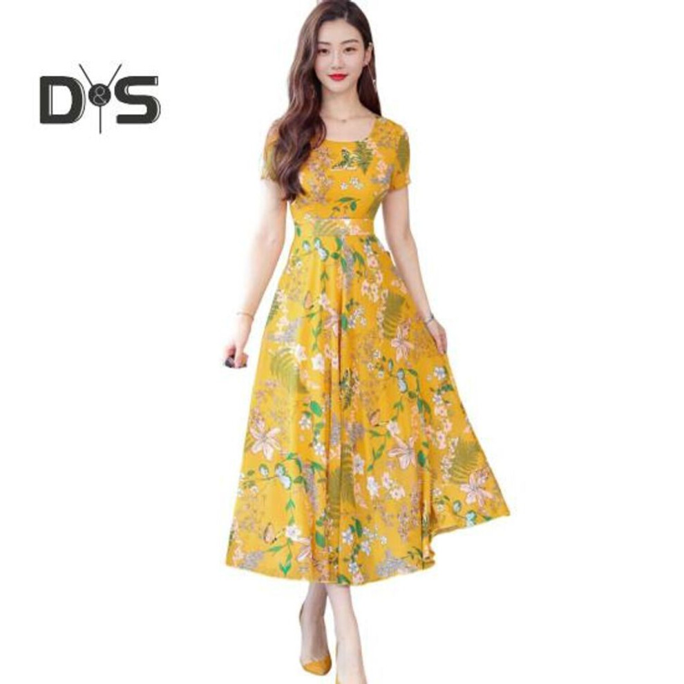(yellow, 3XL) Women's Floral Print Summer Dress Mid-calf Beach Dress With Tight Waist Short Sleeve Round Neck A-line Dress For Vacation Party Date