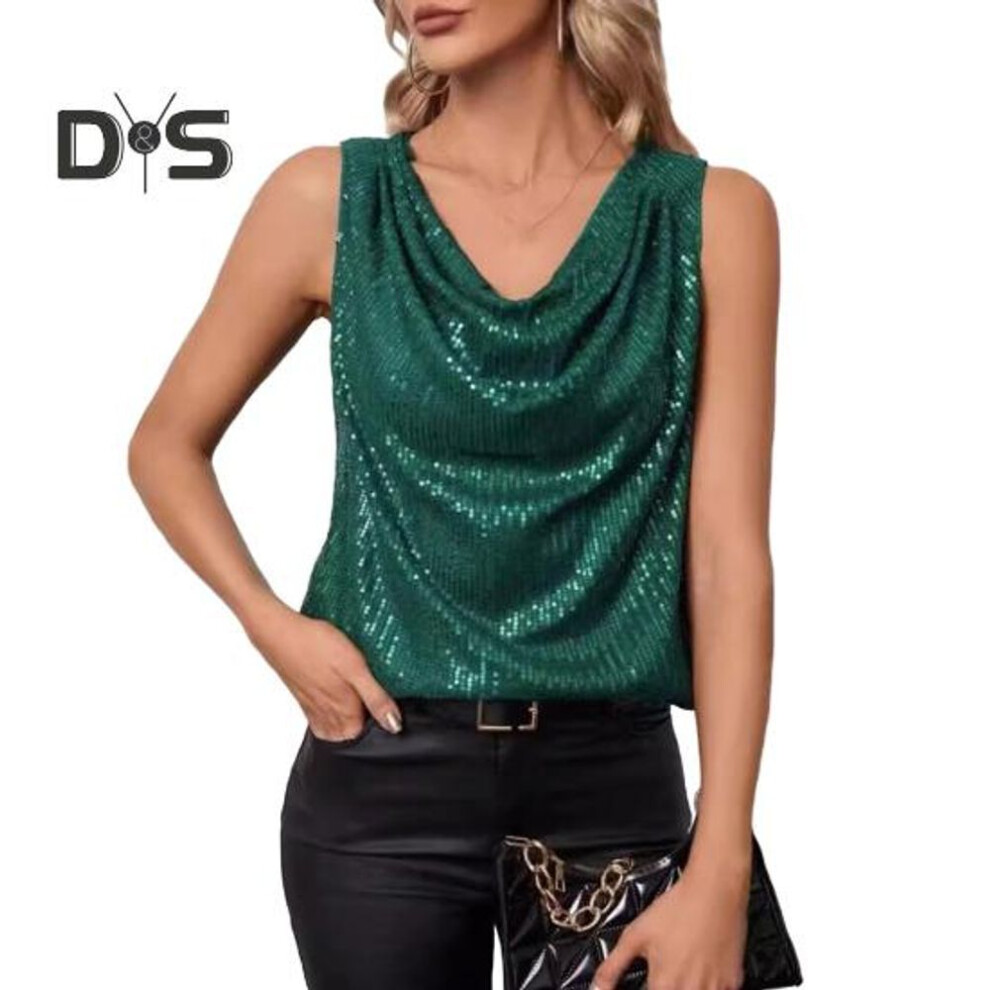 (S, green) Women Tank Tops Sequin V-neck Sleeveless T-shirt Shiny Glitter Blouses Sexy Cami Tops For Cocktail Party Clubwear Evening
