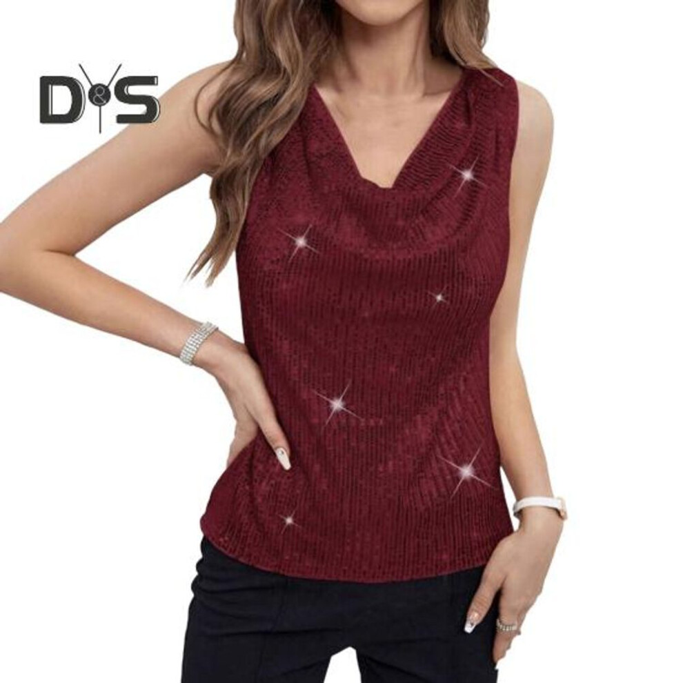 (M, wine red) Women Tank Tops Sequin V-Neck Sleeveless T-shirt Shiny Glitter Blouses Sexy Cami Tops for Cocktail Party Clubwear Evening