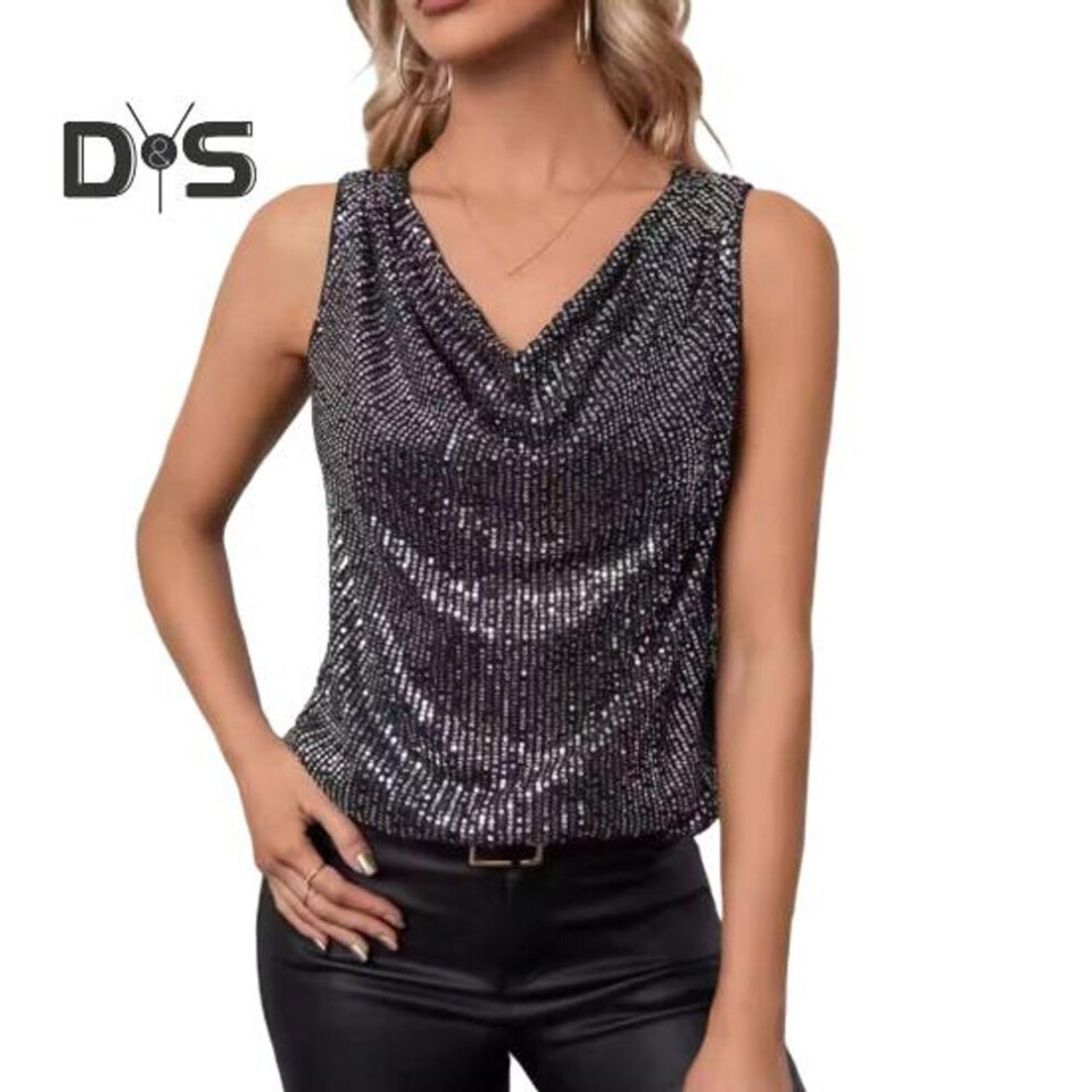 (S, black) Women Tank Tops Sequin V-neck Sleeveless T-shirt Shiny Glitter Blouses Sexy Cami Tops For Cocktail Party Clubwear Evening