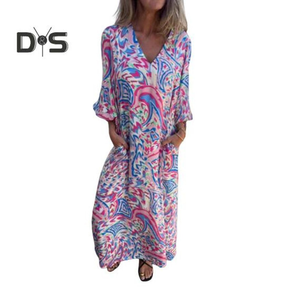 (pink, L) Women Printed Maxi Dress Spring Summer V Neck Boho Holiday Dress Long Sleeves Loose Dress with Pockets for Daily Life Parties Beach