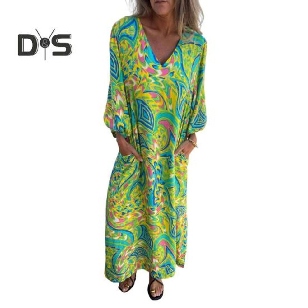(light green, M) Women Printed Maxi Dress Spring Summer V Neck Boho Holiday Dress Long Sleeves Loose Dress With Pockets For Daily Life Parties Beach