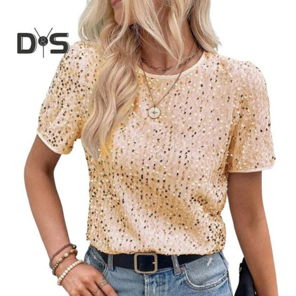 (L, golden) Women Tops Round Neck Short Sleeve Shiny Sequin Embellished T-shirt Regular Fit Tee Shirt Daily Wear