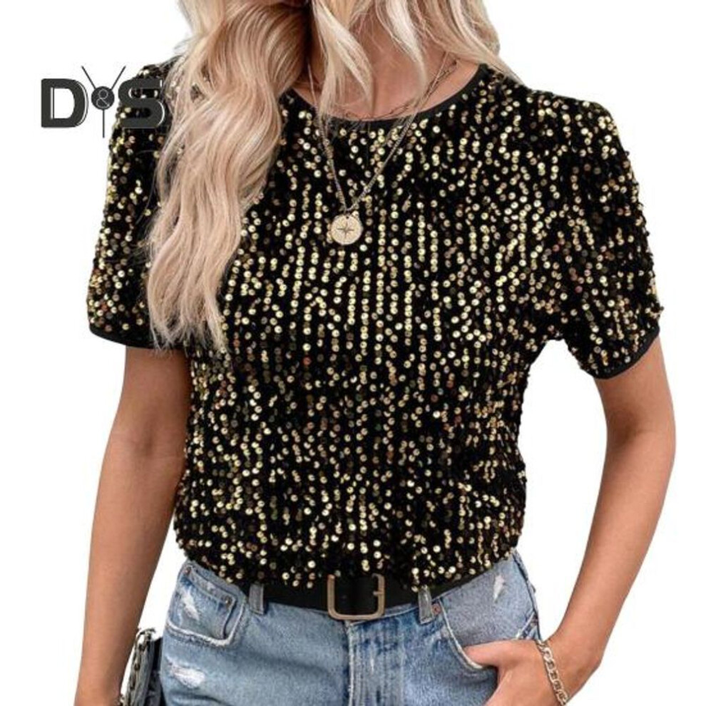 (S, black,golden) Women Tops Round Neck Short Sleeve Shiny Sequin Embellished T-shirt Regular Fit Tee Shirt Daily Wear
