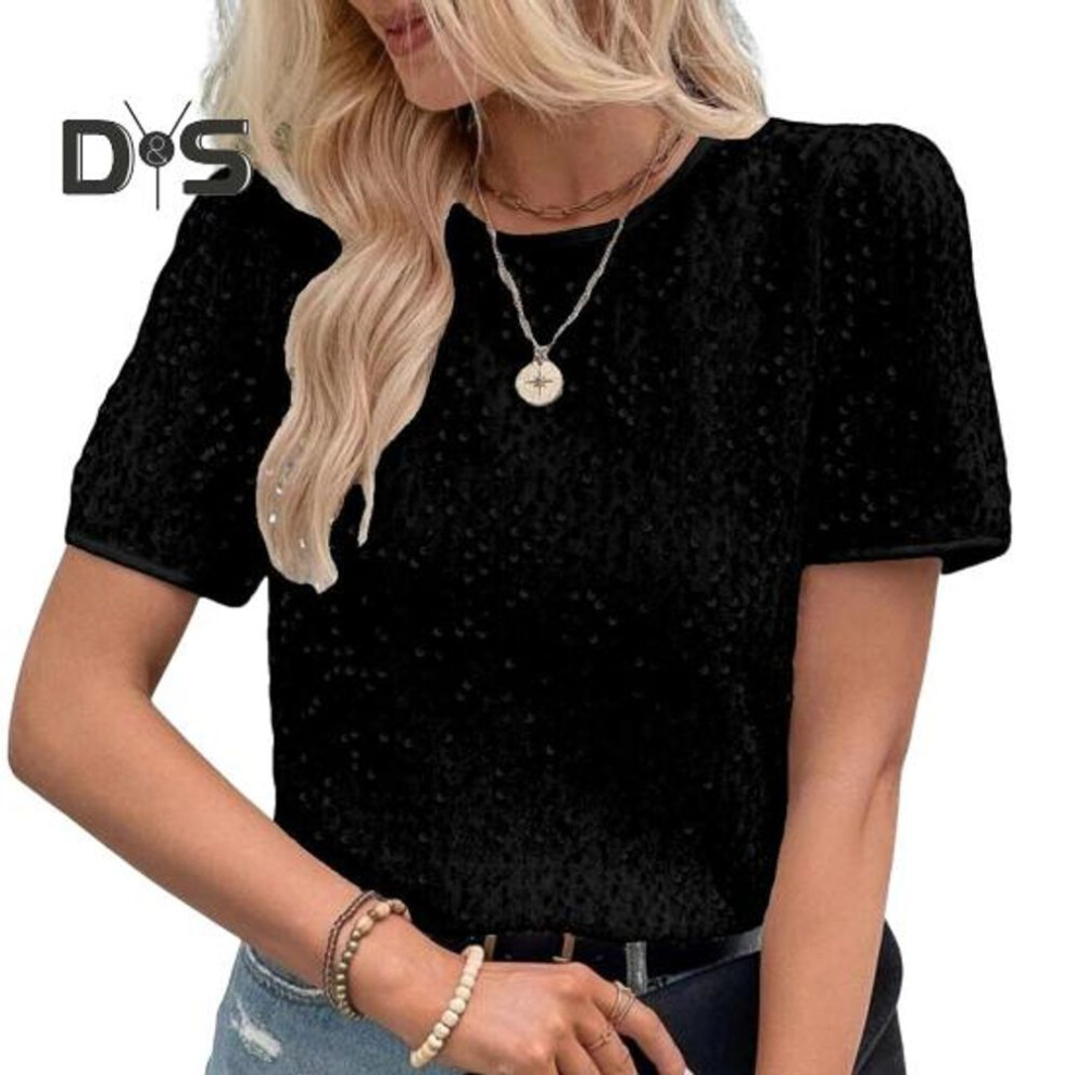 (S, black) Women Tops Round Neck Short Sleeve Shiny Sequin Embellished T-Shirt Regular Fit Tee Shirt Daily Wear