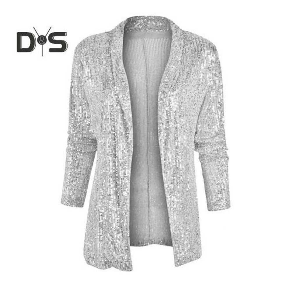 (white, L) Women Sequined Cardigan Coat Shiny Open Front Blazer Slim Fit Solid Color Long Sleeve Coat Streetwear for Parties Clubs Bars Stage Performances
