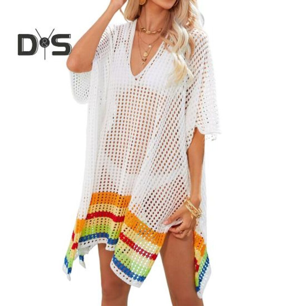 (white) Women Bikini Cover Up V-neck Drop-shoulder Sleeves Hollow Beachwear Dress Side Split Color Block Crochet Swimsuit Cover-ups