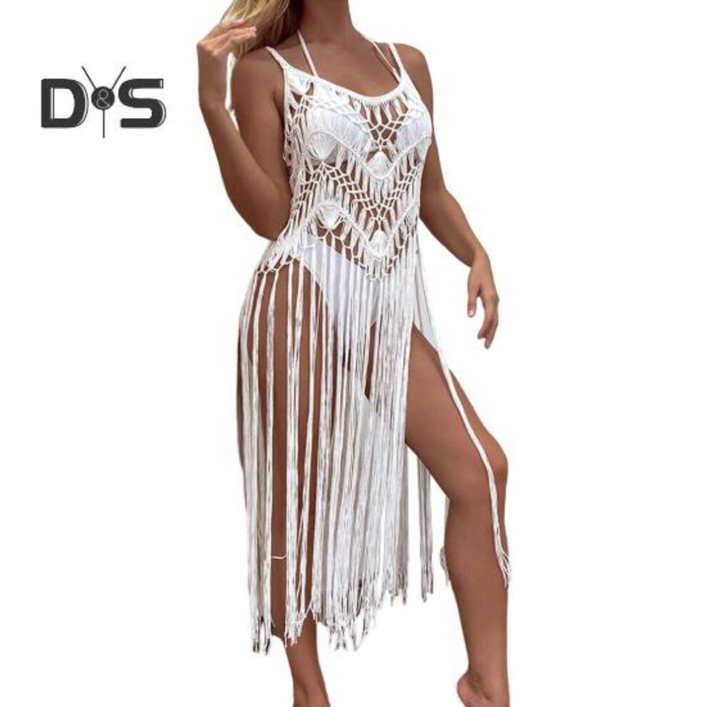 (white) Beach Cover Up Women Sling Sleeveless Loose Fit Cutout Bikini Cover-up Dress Solid Color Sun Protection Beach Wear