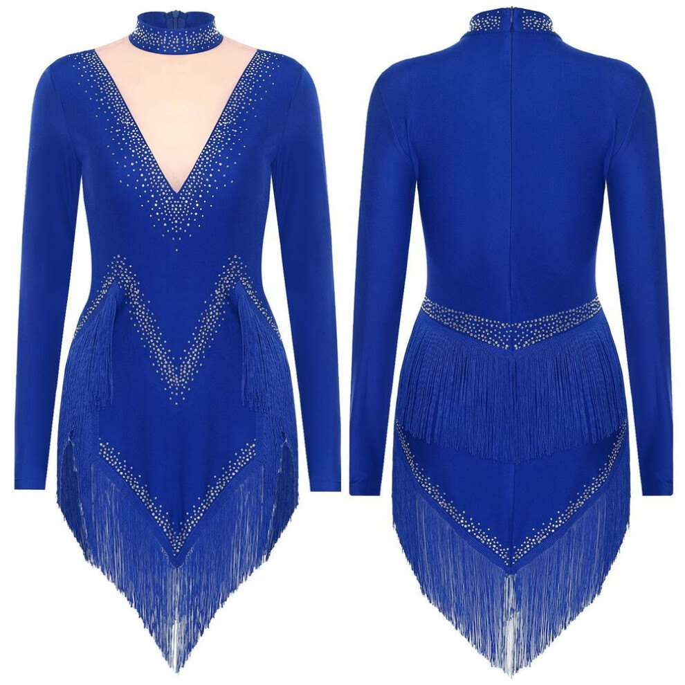 (blue, M) Women Long Sleeve Shiny Rhinestones Latin Leotard Dress Samba Cha Cha Tango Jazz Ballroom Dancewear Cocktail Party Costume