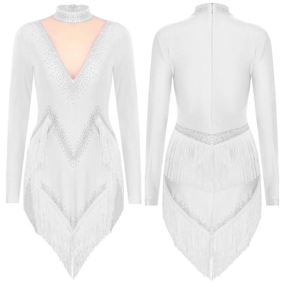(white, L) Women Long Sleeve Shiny Rhinestones Latin Leotard Dress Samba Cha Cha Tango Jazz Ballroom Dancewear Cocktail Party Costume