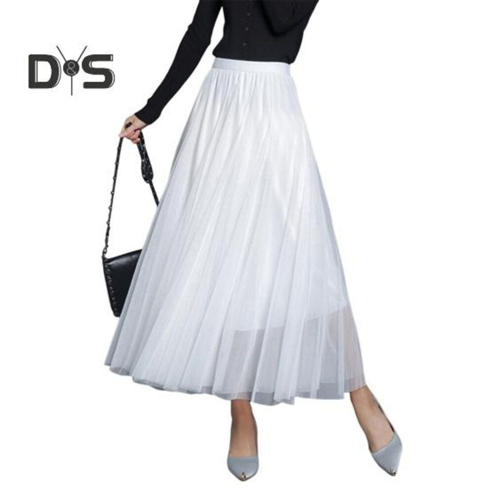 (white) Women Midi Skirt Elastic High Waist Long Skirt With Solid Mesh Hem Solid Color A-line Skirt Daily Wear