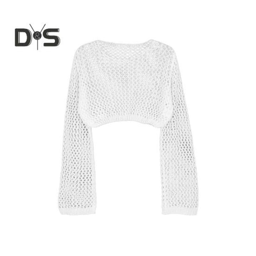 (L, white) Women Cover Up Tops Round Neck Long Sleeve Hollow Fishnet Design Quick-drying Breathable Blouse Loose Fit Beachwear