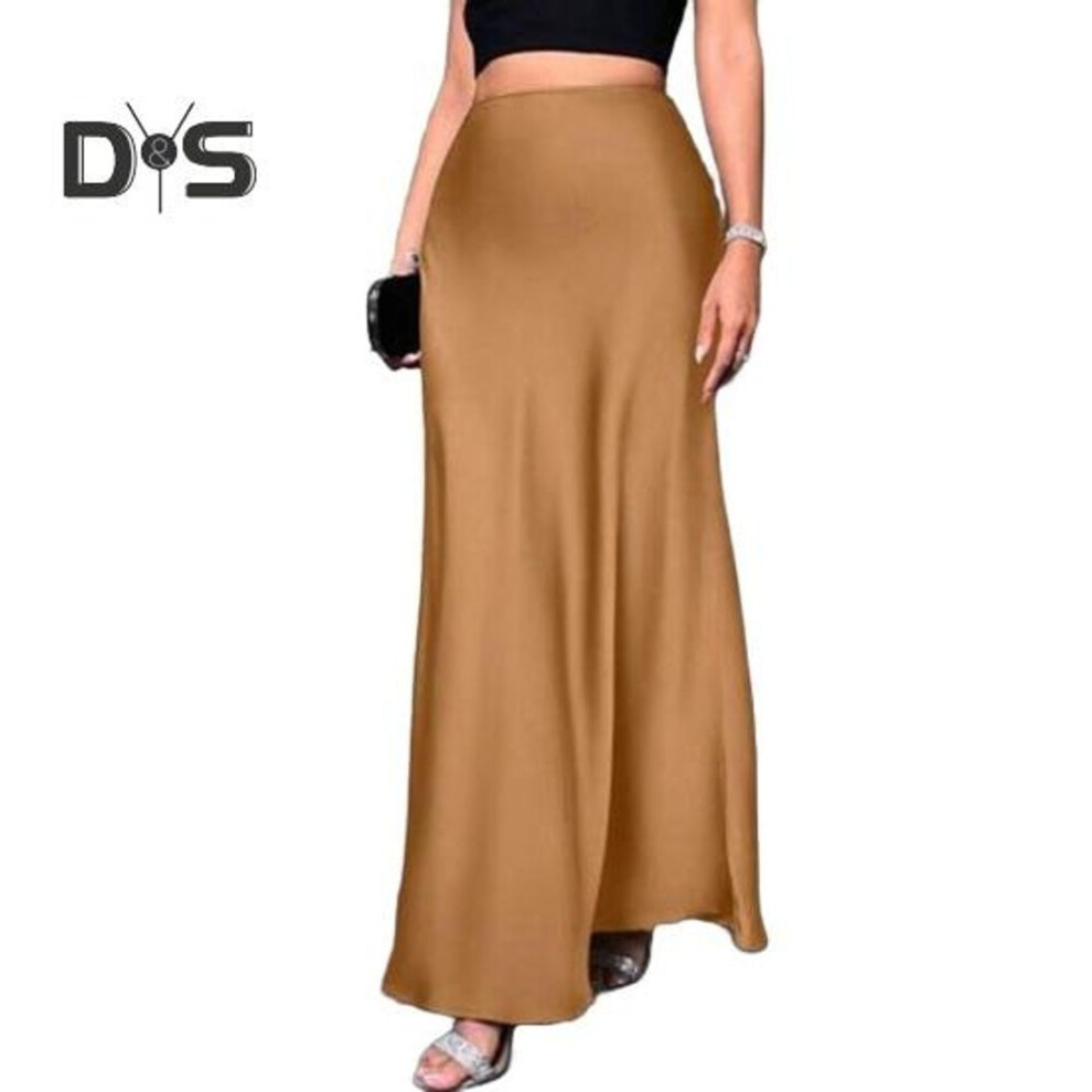 (M, dark brown) Women Fishtail Skirt High Waist Solid Color Smooth Surface A-Line Maxi Skirt Work Leisure Daily Wear