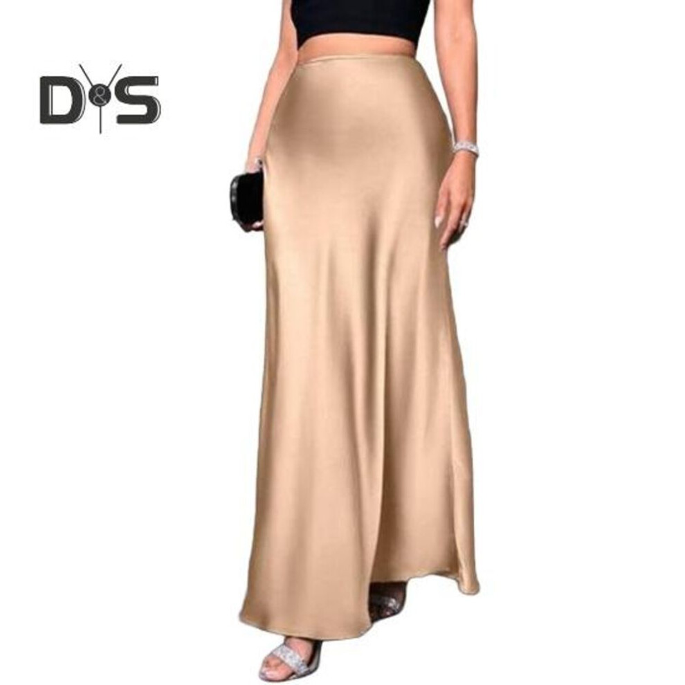 (S, champagne) Women Fishtail Skirt High Waist Solid Color Smooth Surface A-Line Maxi Skirt Work Leisure Daily Wear