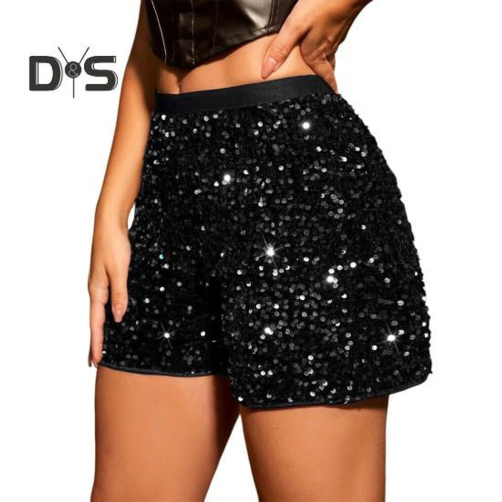 (black, 2XL) Women Shorts High Waist Sprkling Sequin Elastic Waist Slim Fit Straight Mini Shorts Club Party Dance Short Pants Casual Summer Shorts