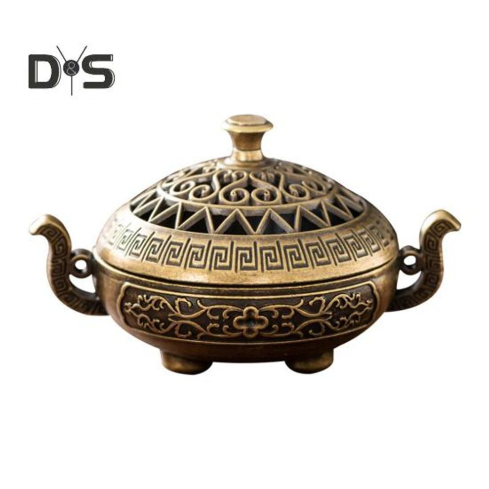 Mini Incense Coil Burner Chinese Style Vintage Hollow Dual-ears Three-Legged Zinc Alloy Incense Cone Holder Home Office Desktop Decoration