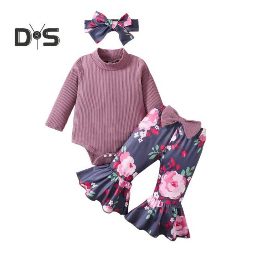 (purple, 80 cm) 3 Pcs/set Children Top Pants Headband Suit For 0-24 Months Floral Printing Flared Trousers High Collar Knitted Bodysuit Bow Headband Photo Prop