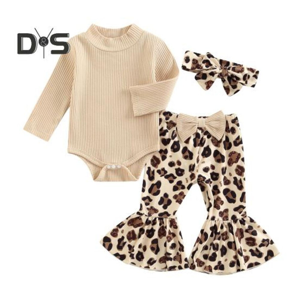 (apricot, 70cm) 3 Pcs/set Children Top Pants Headband Suit For 0-24 Months Floral Printing Flared Trousers High Collar Knitted Bodysuit Bow Headband Photo Prop