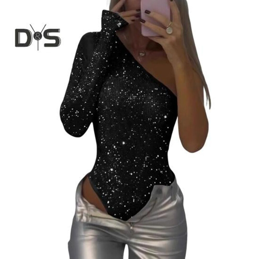 (black, XL) Women Sexy Sequin Bodysuit Long Sleeve One Shoulder Tube Top Jumpsuit Ladies Skinny One Piece Romper Playsuit For Parties Clubs Bars