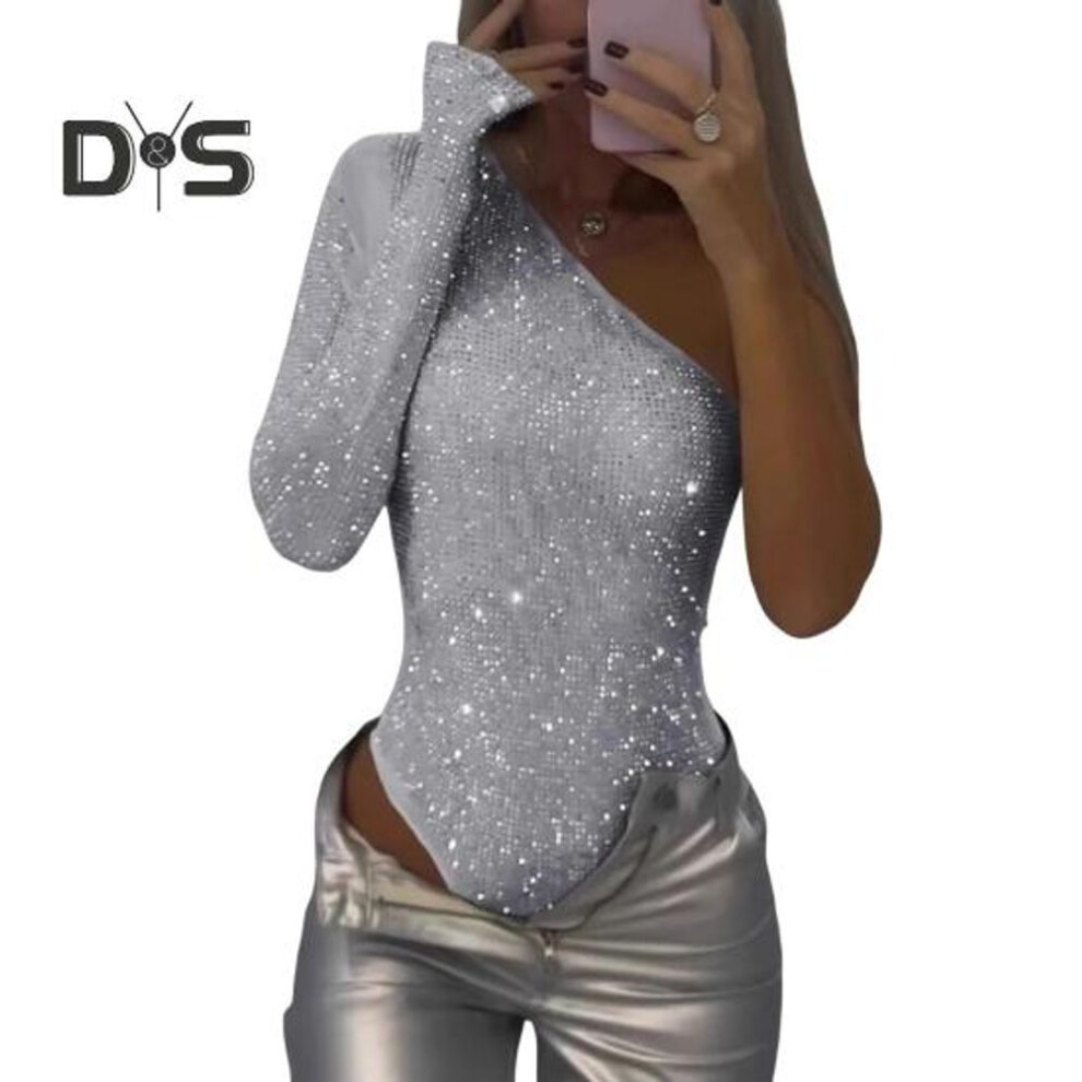 (white, L) Women Sexy Sequin Bodysuit Long Sleeve One Shoulder Tube Top Jumpsuit Ladies Skinny One Piece Romper Playsuit For Parties Clubs Bars
