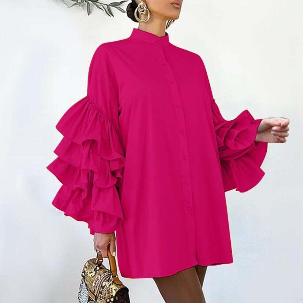 (dark pink, M) VONDA Women Plus Size Stand Collar Layered Ruffle Long Sleeve Dresses