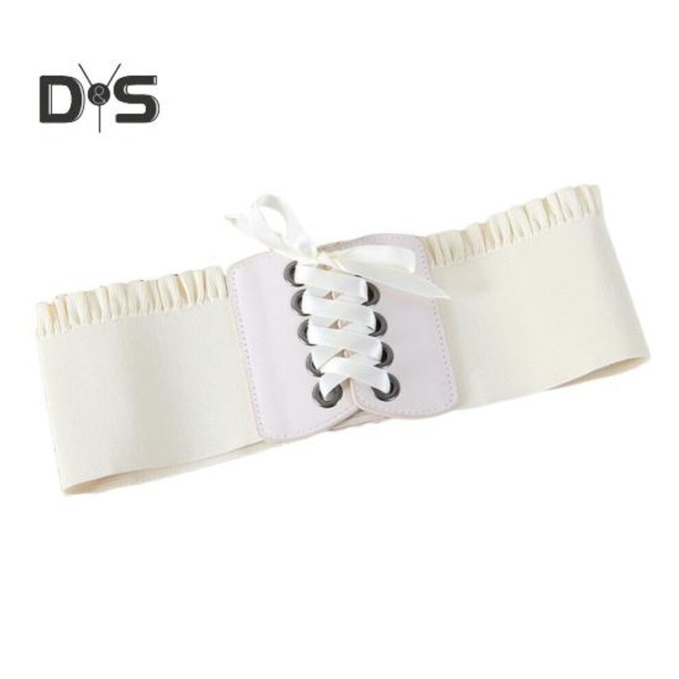 (beige) Corset Waist Belt For Women Lace Up Tied Waspie Elastic Wide Belt For Dresses Halloween Pirate Costume Accessory
