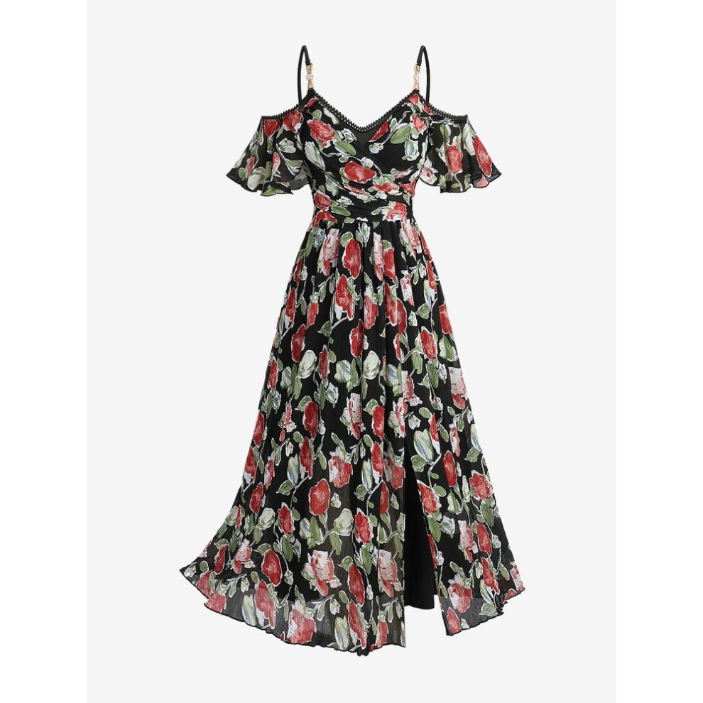 (black, 2XL) Rosegal Plus Size Flowers Leaf Print Lace Trim Surplice Buckle Cold Shoulder Split Dress