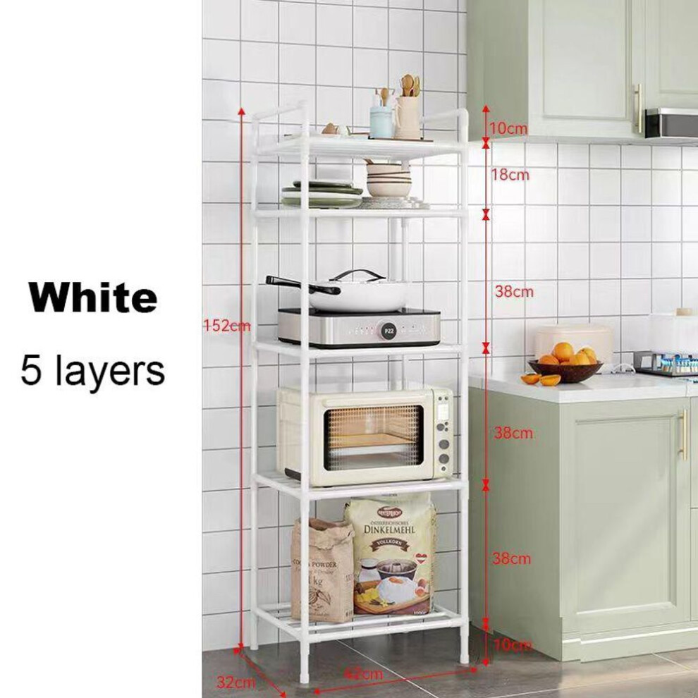 (white, Five layers) Floor Standing Storage Rack Kitchen Bathroom Microwave Rack Multi Functional Movable Without Punching Holes Household Shelves