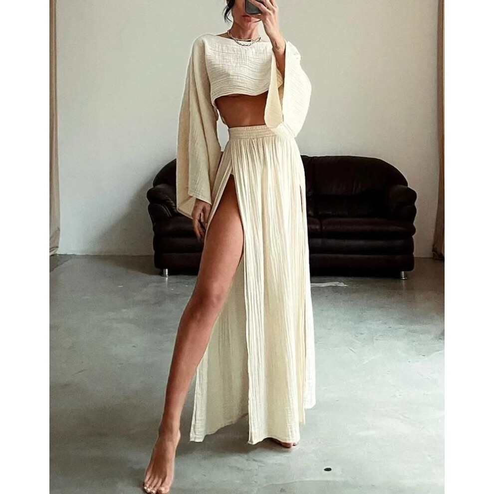 (apricot, XXXL) Casual Solid Cotton Linen 2 Piece Sets Spring O Neck Crop Top High Waist Slit Women Skirt Outfit Summer Flare Sleeve Hollow Suit