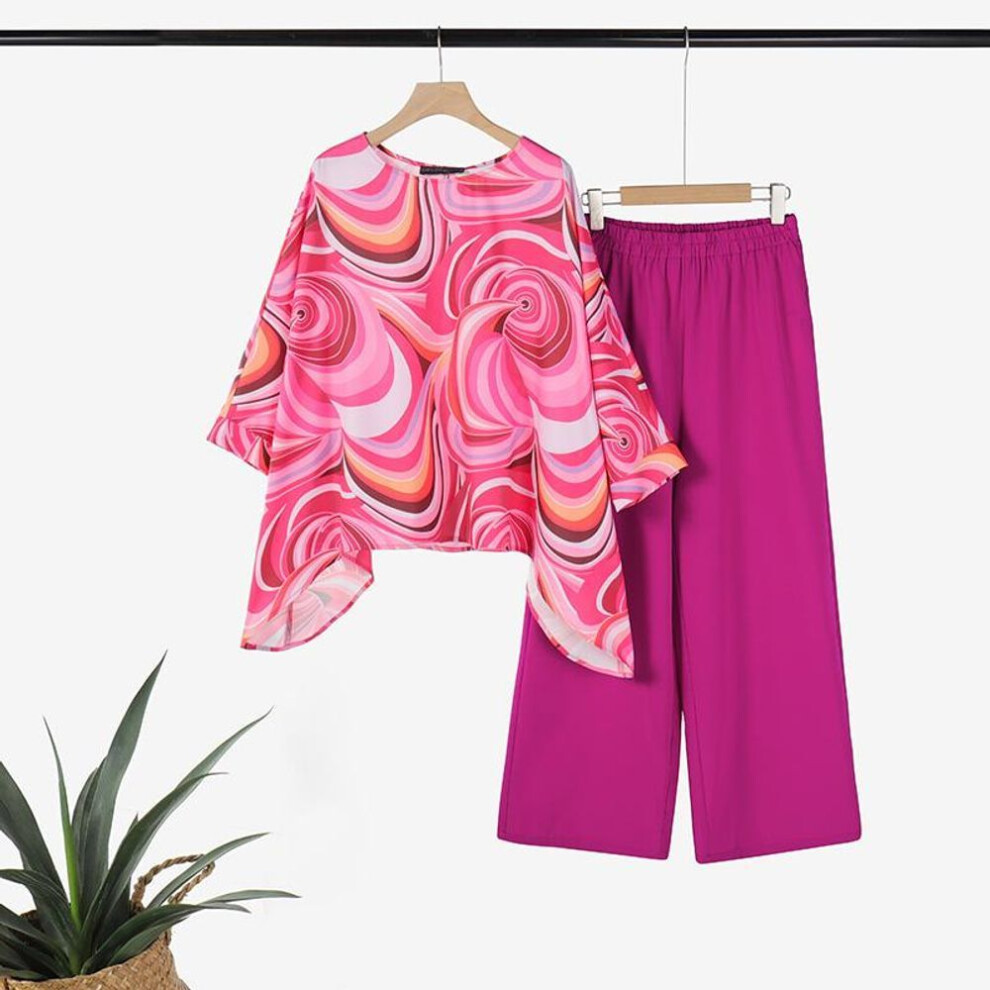 (dark pink, L) Zanzea Women Casual Print Blouse And Pants Summer Two Piece Sets