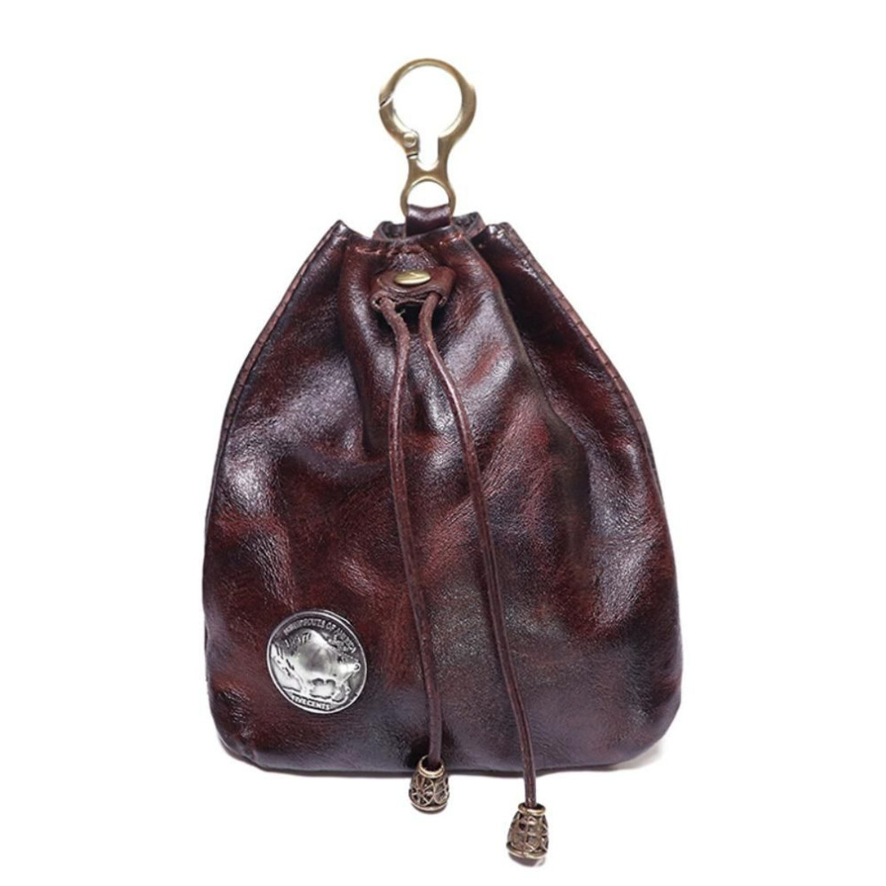 (brown) with Keyring Hanging Money Bag Jewelry Pouch Drawstring Wallet Genuine Leather Coin Purse  Men