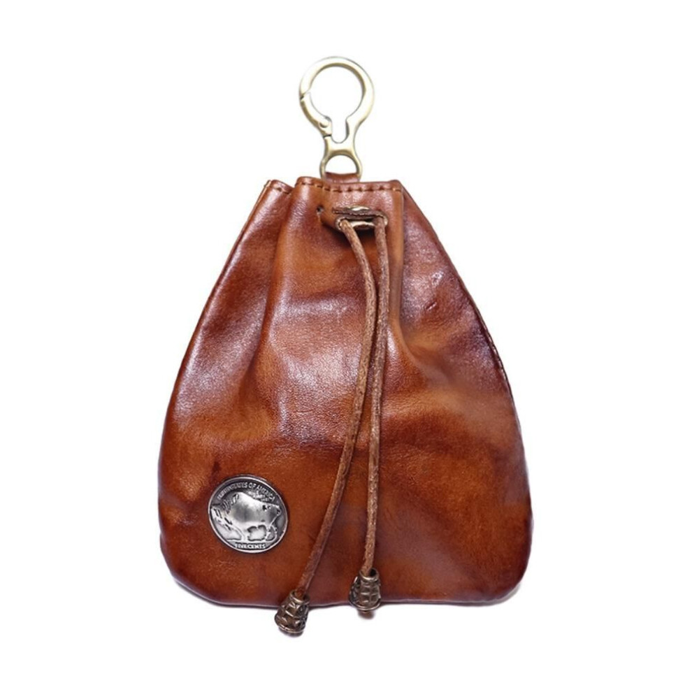 (coffee) with Keyring Hanging Money Bag Jewelry Pouch Drawstring Wallet Genuine Leather Coin Purse  Men