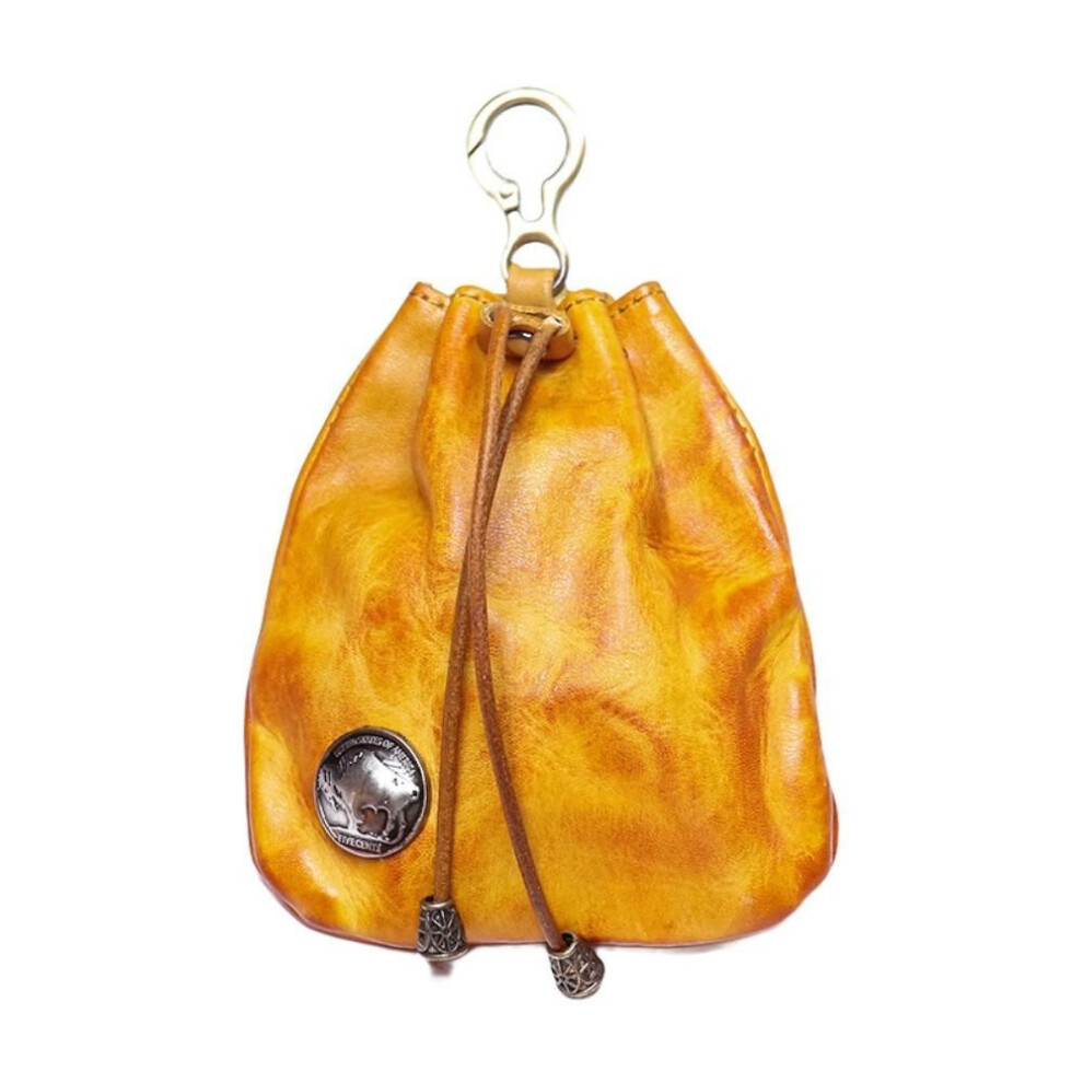 (yellow) With Keyring Hanging Money Bag Jewelry Pouch Drawstring Wallet Genuine Leather Coin Purse  Men