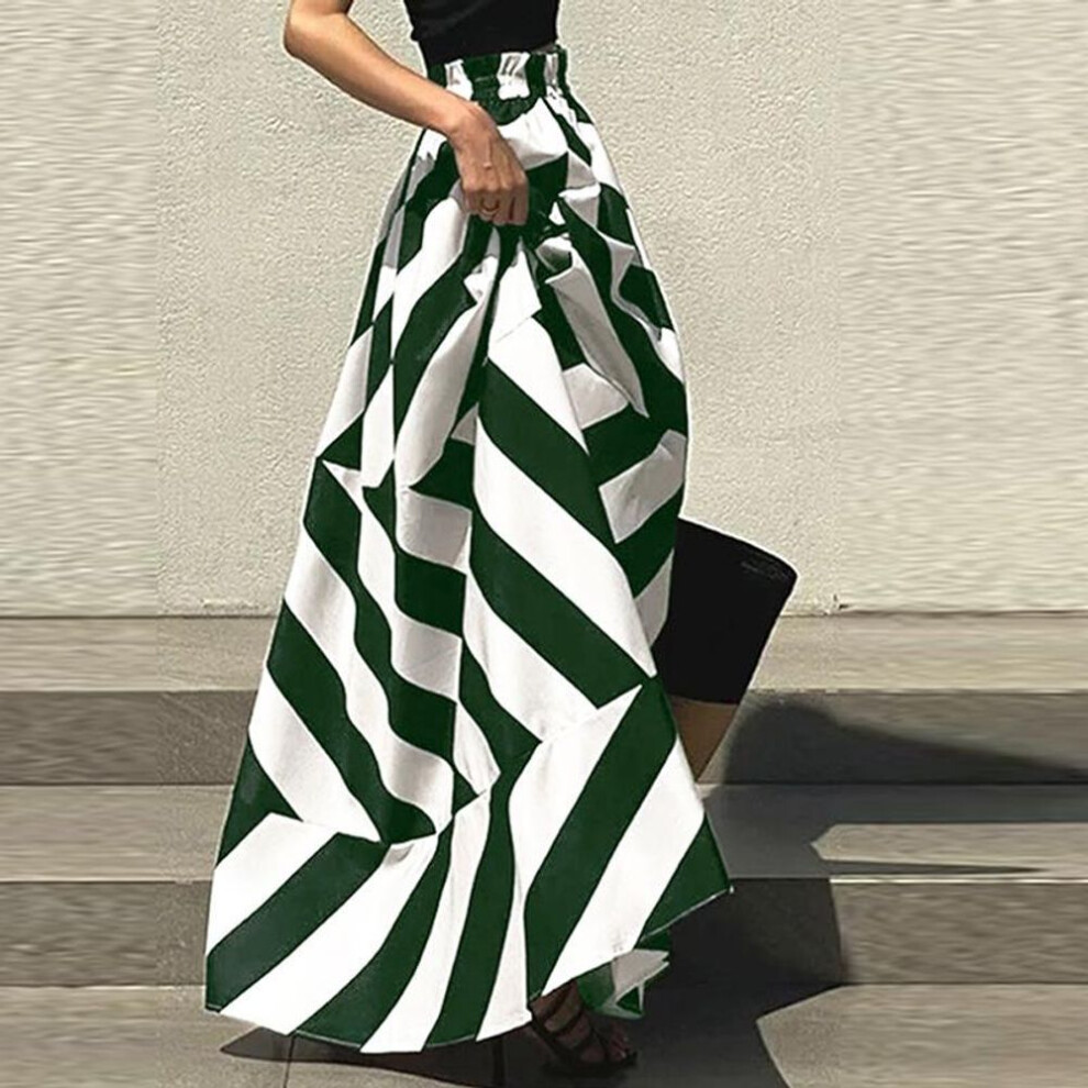 (L, green) Vonda Women Elastic Waist Striped Print Casual Long Swing Pleated Skirts