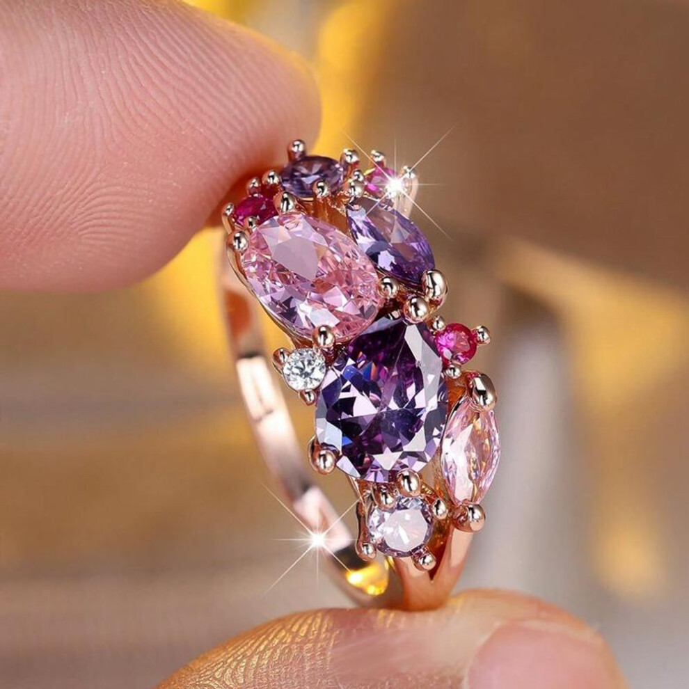 (rose gold,pink, 6) Fashion Colorful CZ Zircon Rings for Women Silver Color Finger Ring Cocktail Party Festival Jewelry Gift
