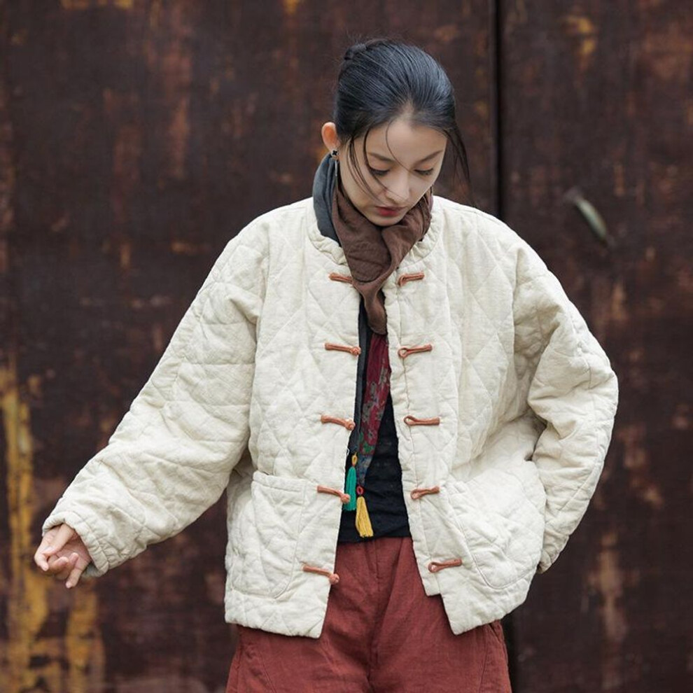 (beige, One Size) Johnature Women Vintage Winter Stand Long Sleeve Button Coats Solid Color Pockets Chinese Style Women Coats
