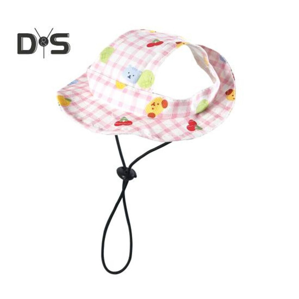 (pink, M) Dog Bucket Hats With Ear Holes Plaid Design Round Brim Outdoor Sun Hat Uv Protection Fisherman Cap With Adjustable Strap For Small Medium Dogs Cats