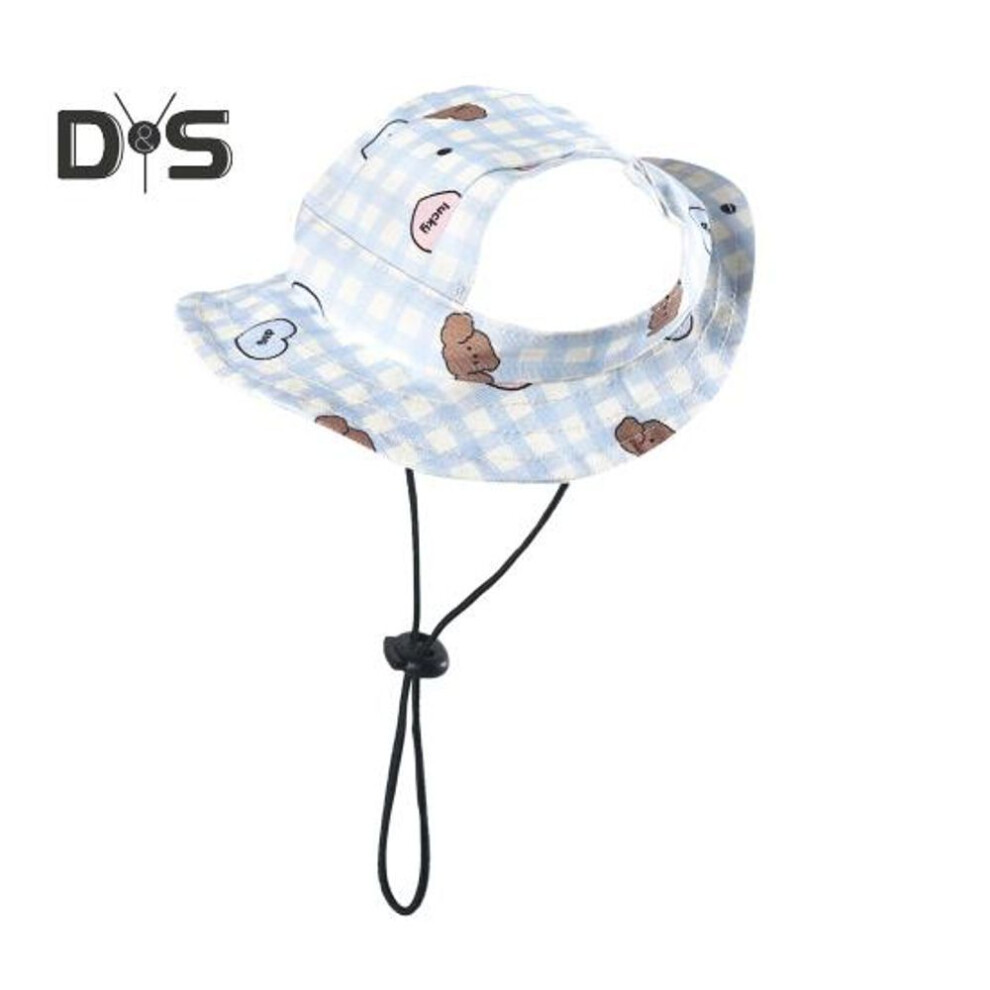 (blue, M) Dog Bucket Hats With Ear Holes Plaid Design Round Brim Outdoor Sun Hat Uv Protection Fisherman Cap With Adjustable Strap For Small Medium Dogs Cats
