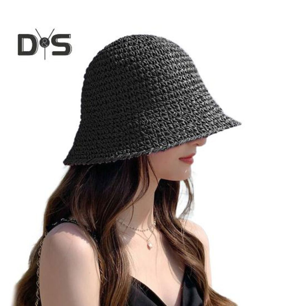 (black) Women Sun Hat Solid Color Uv Resistant Fisherman Hat Breathable Braided Foldable Straw Hat Outdoor Sun Shading Cap