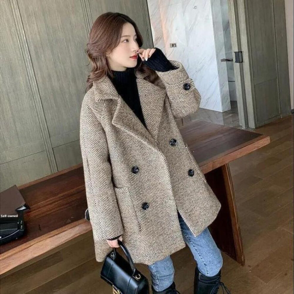 (khaki, M (Recommended for 105-115 lbs)) Retro Scarf Collar Quilted Woolen Winter Coat for Women, Double-Breasted, Mid-Length.