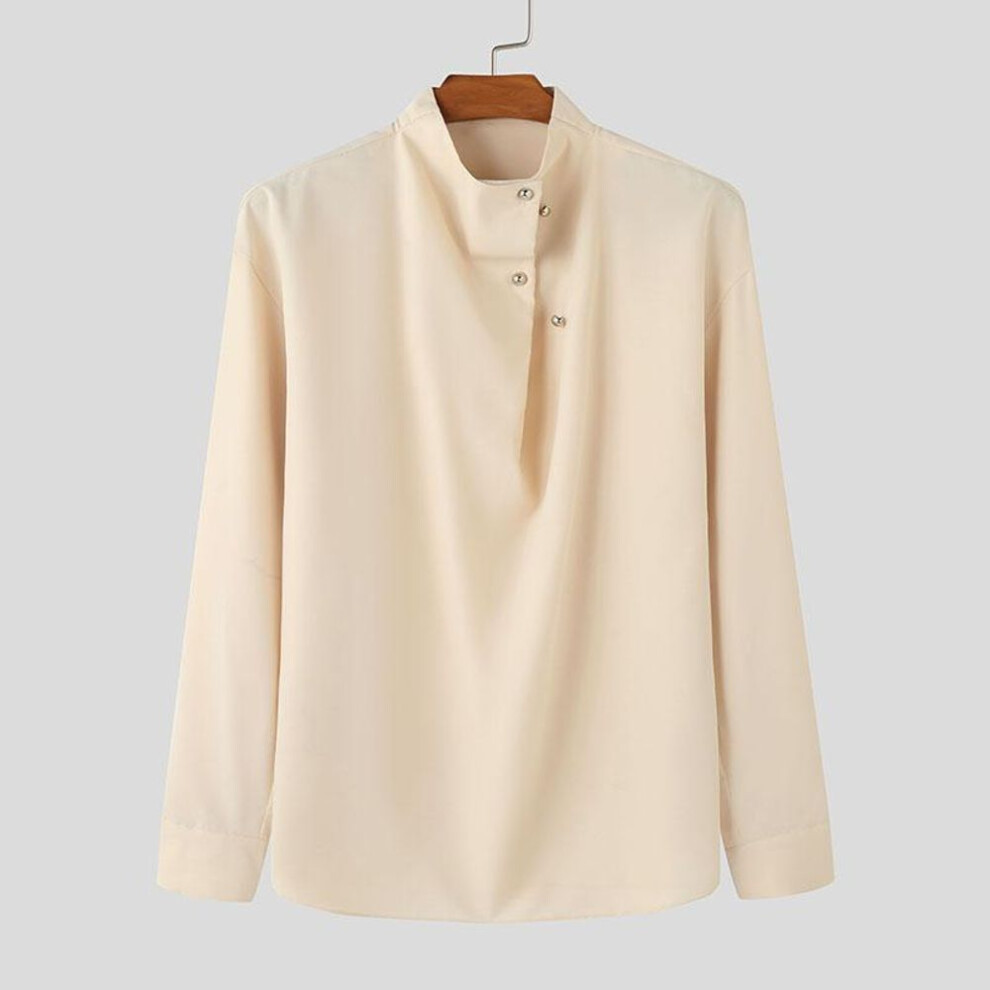 (XL, beige) INCERUN Spring Men High Neck Buttons Oversized Casual Loose Shirts