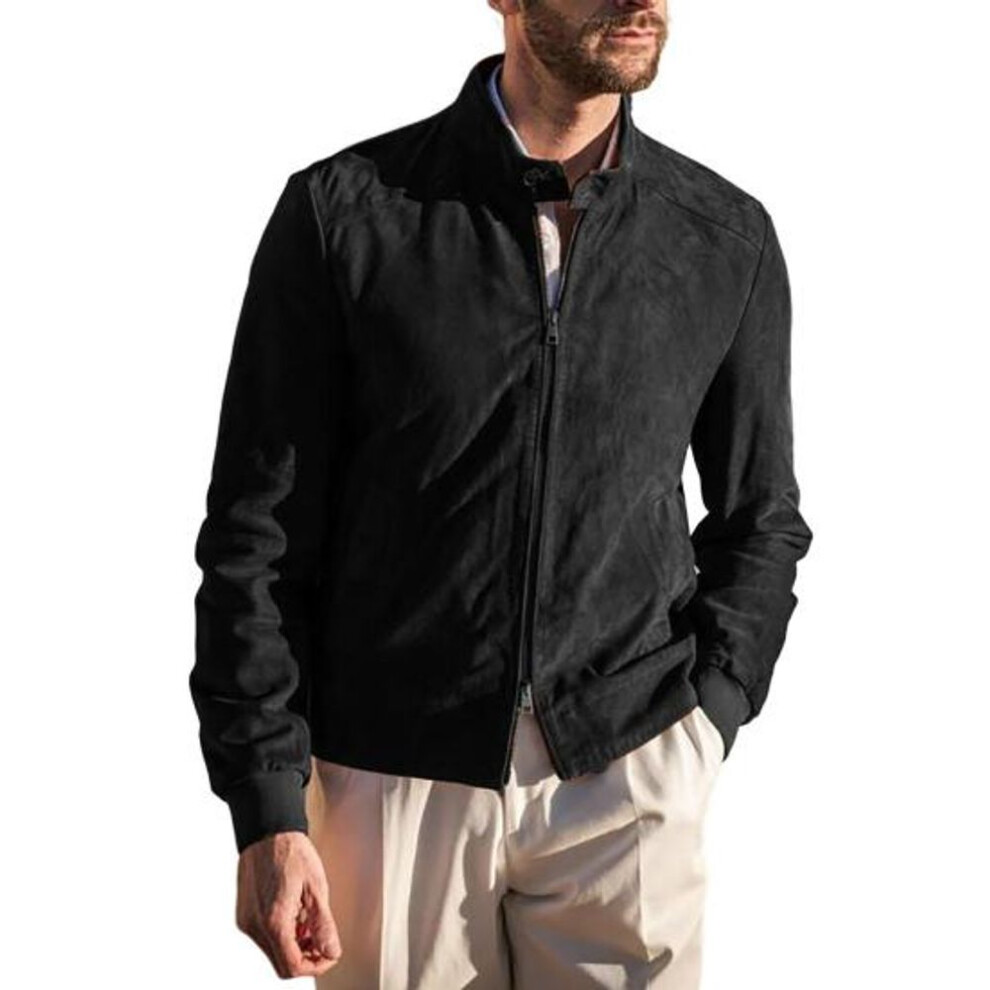 (black, L) Men Coat Stand Collar Long Sleeve Solid Color Suede Jacket with Double-Ended Zipper Pockets Slim Fit Outerwear