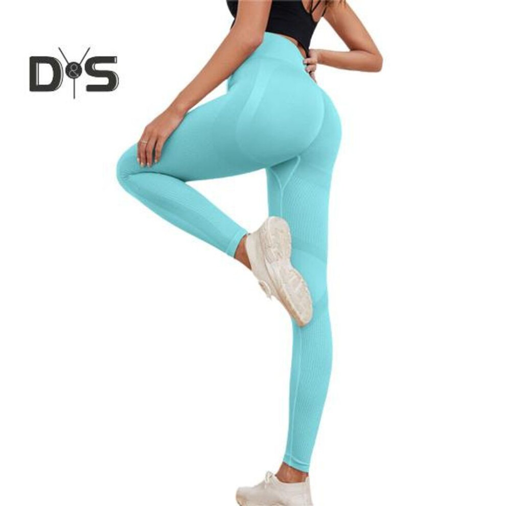 (mint,blue, L) Women Yoga Leggings Tummy Control Hip Lifting High-waisted Seamless Workout Tight Pants Stretch Body Shaping Compression Trousers