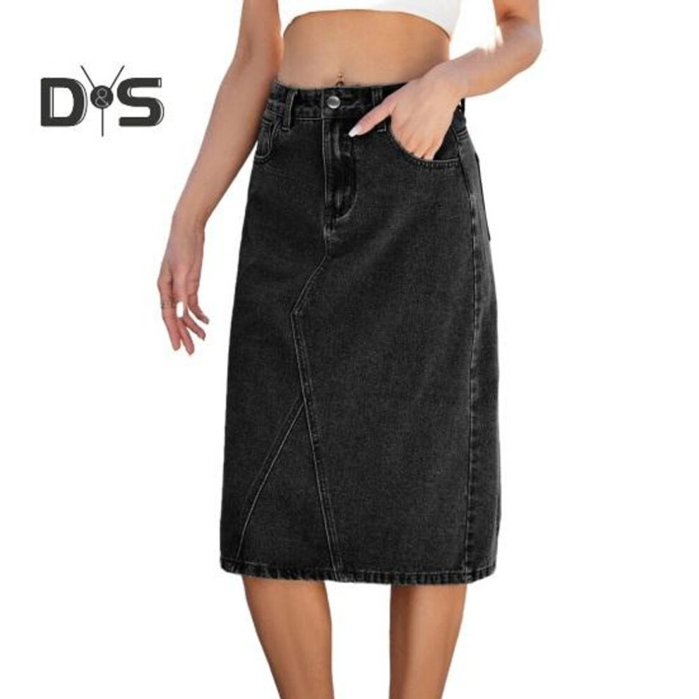 (XL, black gray) High Waist Denim Skirt With Large Hem Summer Washed Midi Skirt Slimming Stylish Design Breathable Skirt