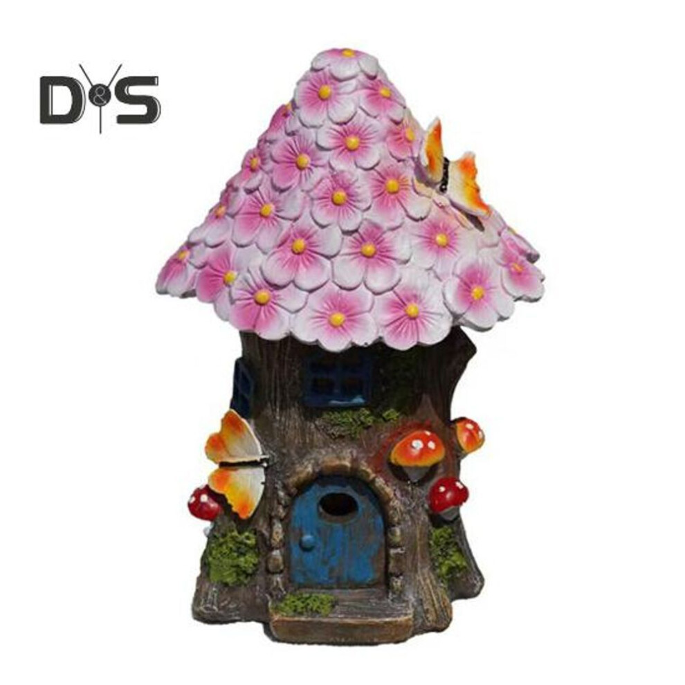 (pink) Solar Flower Roof House Figurine Light-up Fairy Tale Elf House Resin Statue Sculpture Outdoor Garden Porch Yard Lawn Decoration Ornament