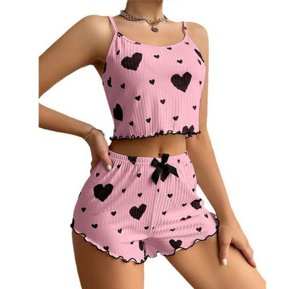 (M, pink) Sexy Love Hearts Printing Pajama Women Ladies Soft Tops And Shorts Pyjamas Set 2 Pcs Sleepwear Casual Lingerie