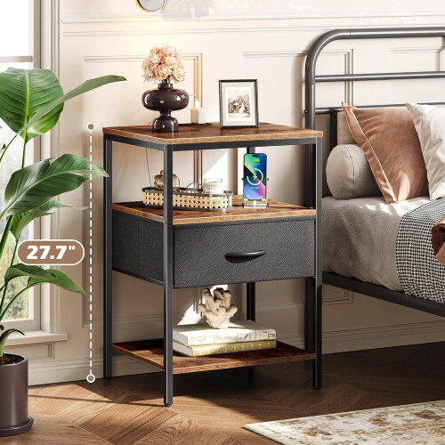 Bedside Table with Charging Station, Nightstand 2 outlets and 2 USB 1
